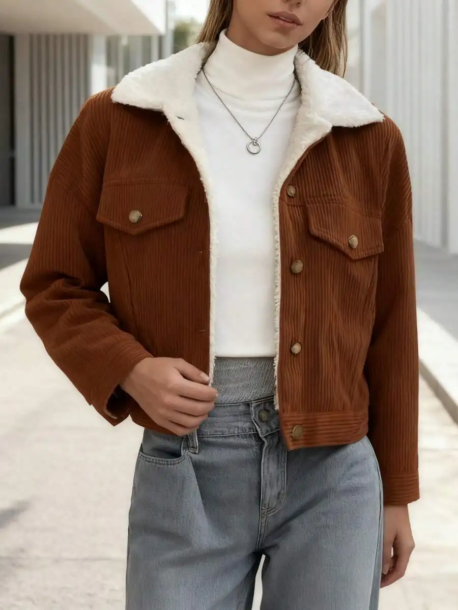 

Women's Fleece-Lined Corduroy Cropped Jacket in Rust Brown