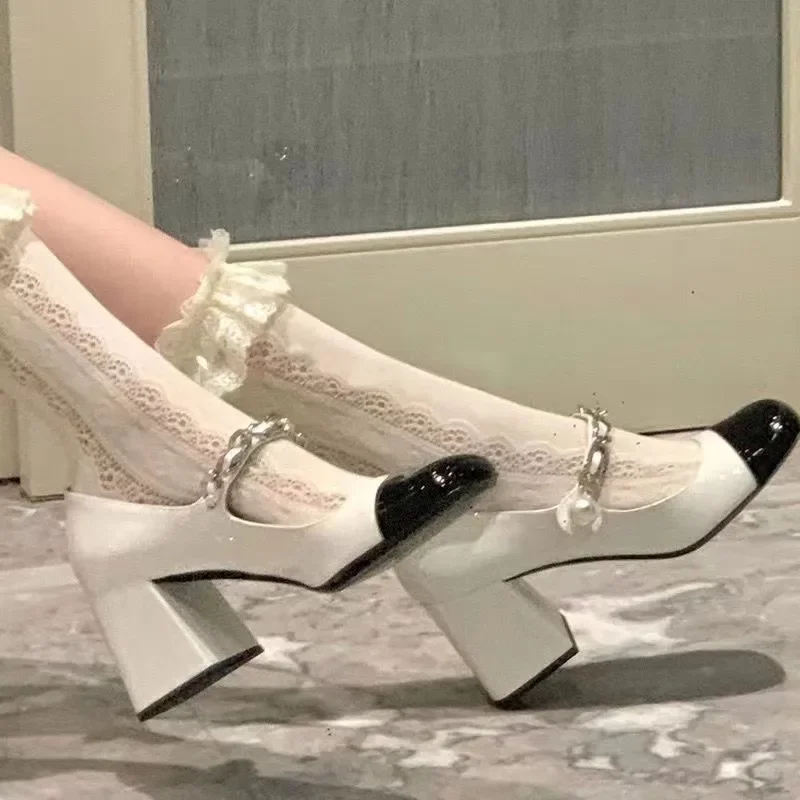 Black White Patent Leather Shoes for Women Single Shoe Women\'s High Heel Chunky New Spring High Heels New In Pumps