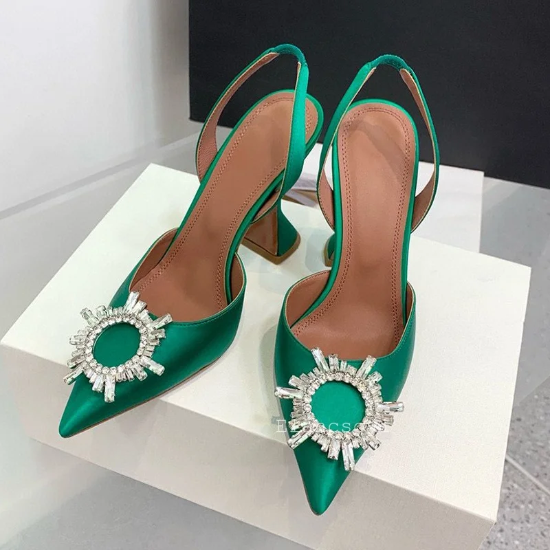 New Sandas Summer Pointed Toe Satin Sunflower Crystal Decor Back Strap High Heels Sandalias Sexy Wedding Bride Shoes Pumps