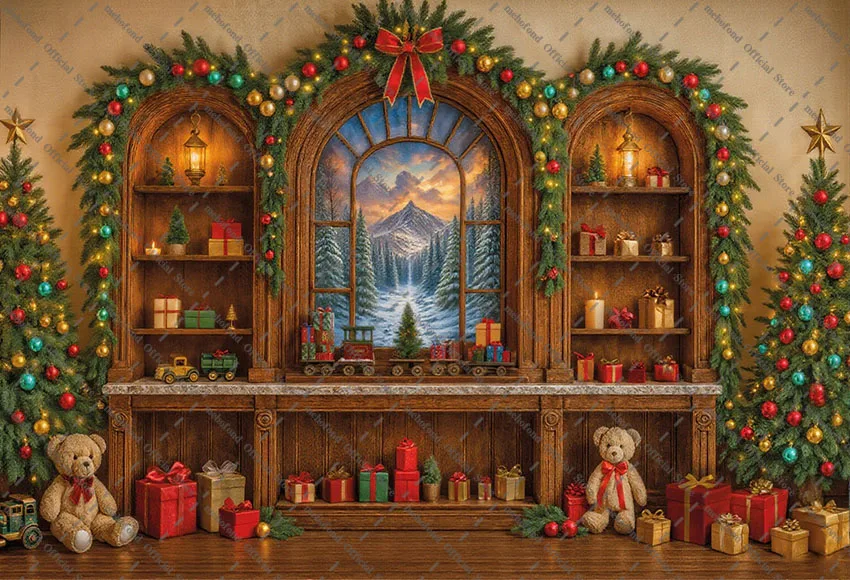 Mehofond 사진 배경 크리스마스 빈티지 산타의 워크샵 장난감 크리스마스 트리 아이 가족 초상화 장식 배경 사진 스튜디오