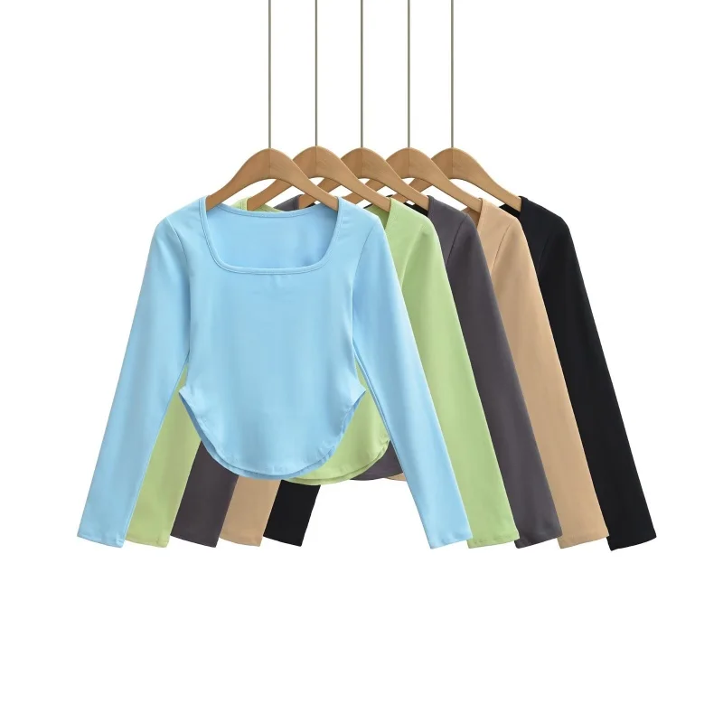 Slim Fit Long Sve Onesie Square Collar Elastic Hemline Top Pure Desire Inner Wear Outer Wear Base irt Women's T-irt