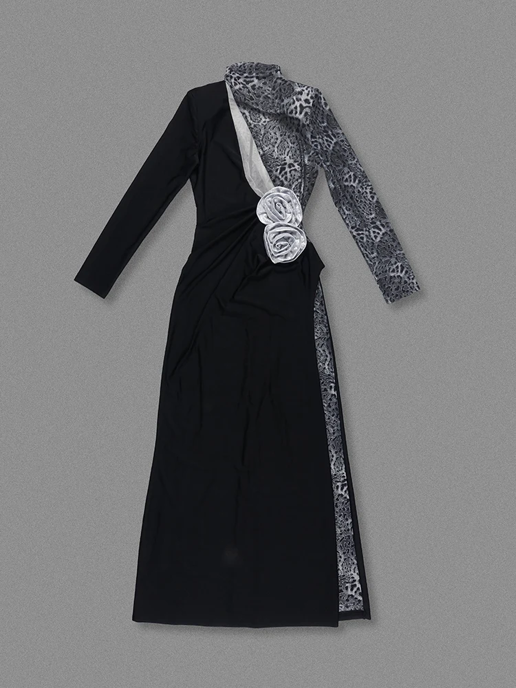 Abito lungo sexy a maniche lunghe con motivo patchwork leopardato Abito lungo da donna con diamanti ritagliati neri Abiti slim Abiti da sera