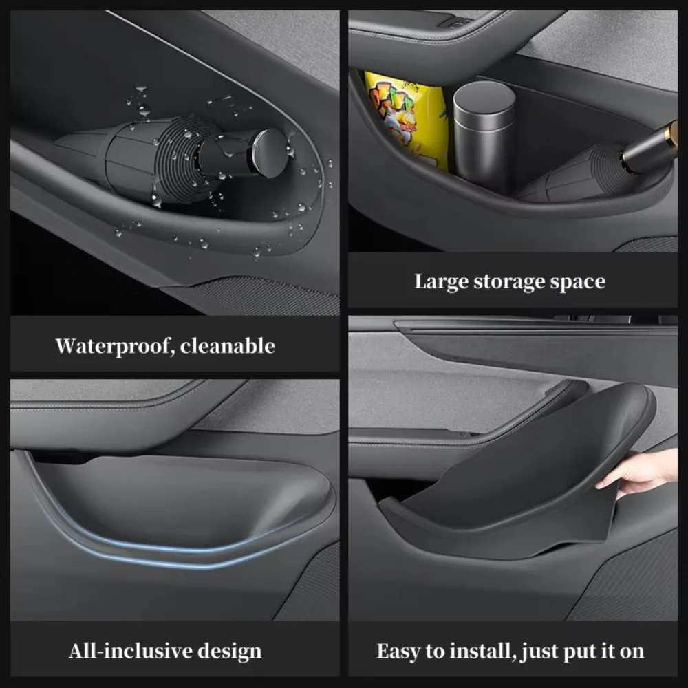 TPE All‑Inclusive Door Side Storage Box Organizer Tray For Tesla Model Y Juniper 2026 Front Rear Door Car Interior Accessories