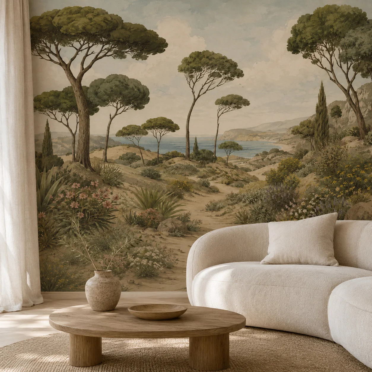 papier-peint-mural-vintage-cote-mediterraneenne-vue-sur-la-mer-avec-piniers-vert-olive-pour-salon-et-chambre-colle-requise