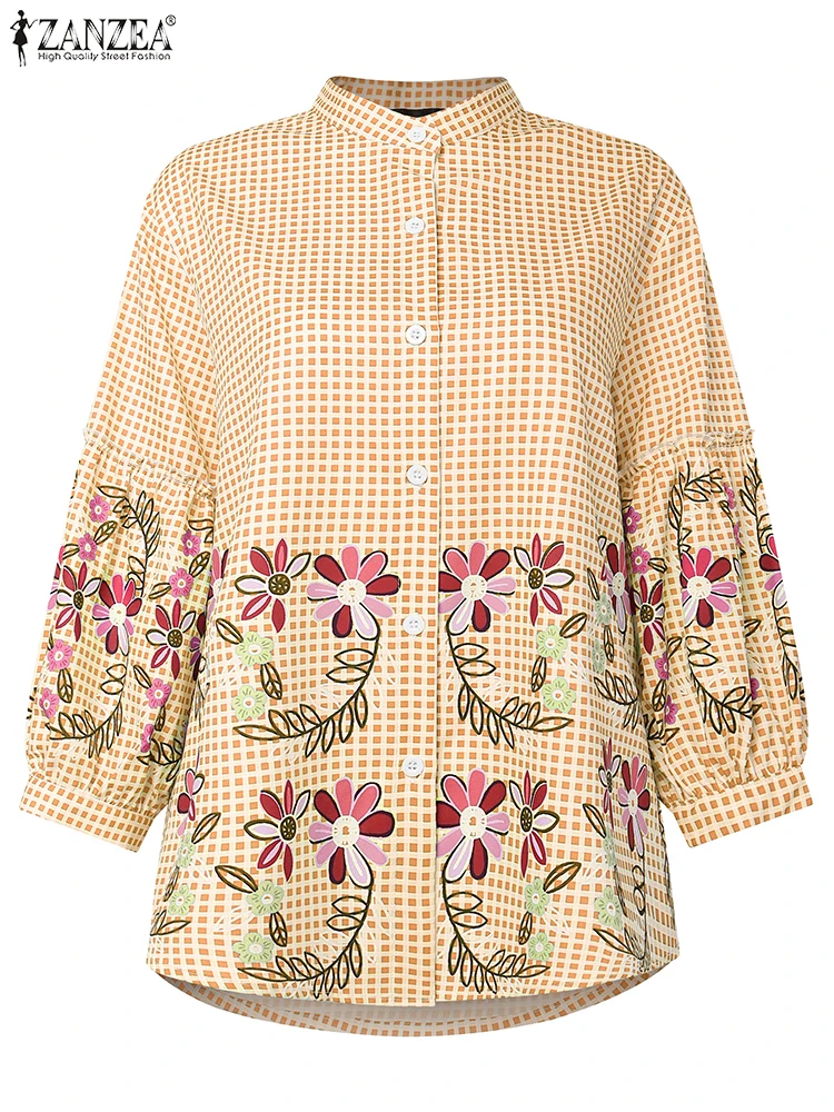 เสื้อเชิ้ตแฟชั่นลายสก็อต ZANZEA เสื้อผู้หญิงแขนทรงโคมพิมพ์ลายดอกไม้ เสื้อผ้าสไตล์วินเทจลำลองสำหรับฤดูใบไม้ร่วงปี 2025 เสื้อคอตั้งสำหรับใส่ทำงาน