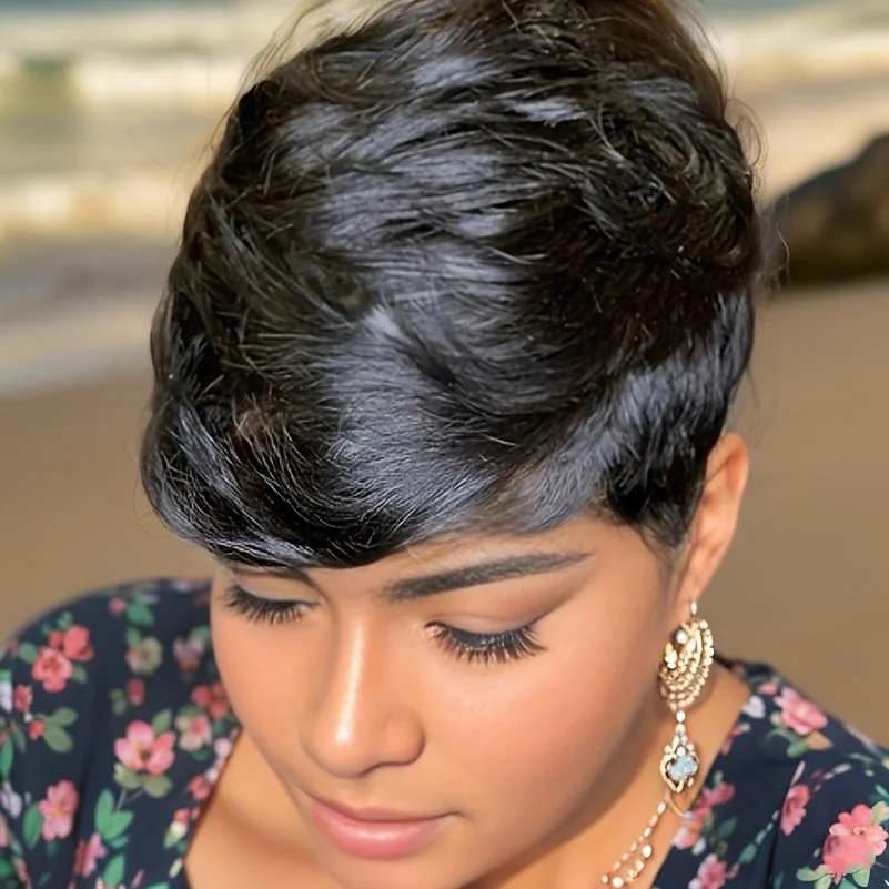 

Pixie Cut Wig Natural Black Straight Human Hair with Bangs Full Machine Made for Women Short Layered Wavy Wigs