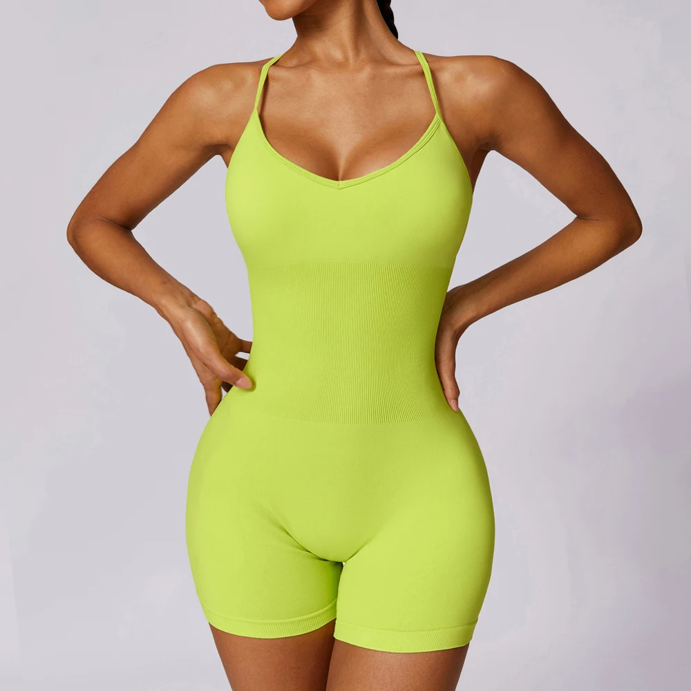 Sexy Adult Women's Gym Clothing Fitness Wear Female Short Jumpsuit Backless Romper Padding Top Sports Overalls Home Beach Suit