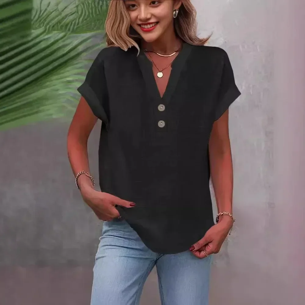 Women Summer Solid Color Stand Collar Button Down Short Sleeve Shirt Casual Loose Blouse Office Ladies Top Work