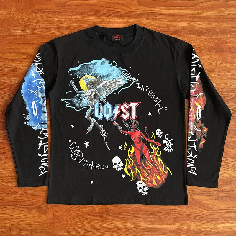 

Футболка из чистого хлопка с принтом «Ангел и дьявол» в стиле ретро, молодежная модная футболка-стойка, круглая, для повседневной носки