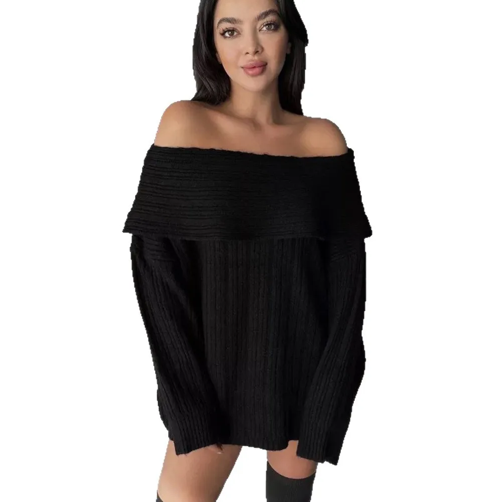 White Red Black Elegant Off Shoulder Knitted Loose Pullover Sweater 006