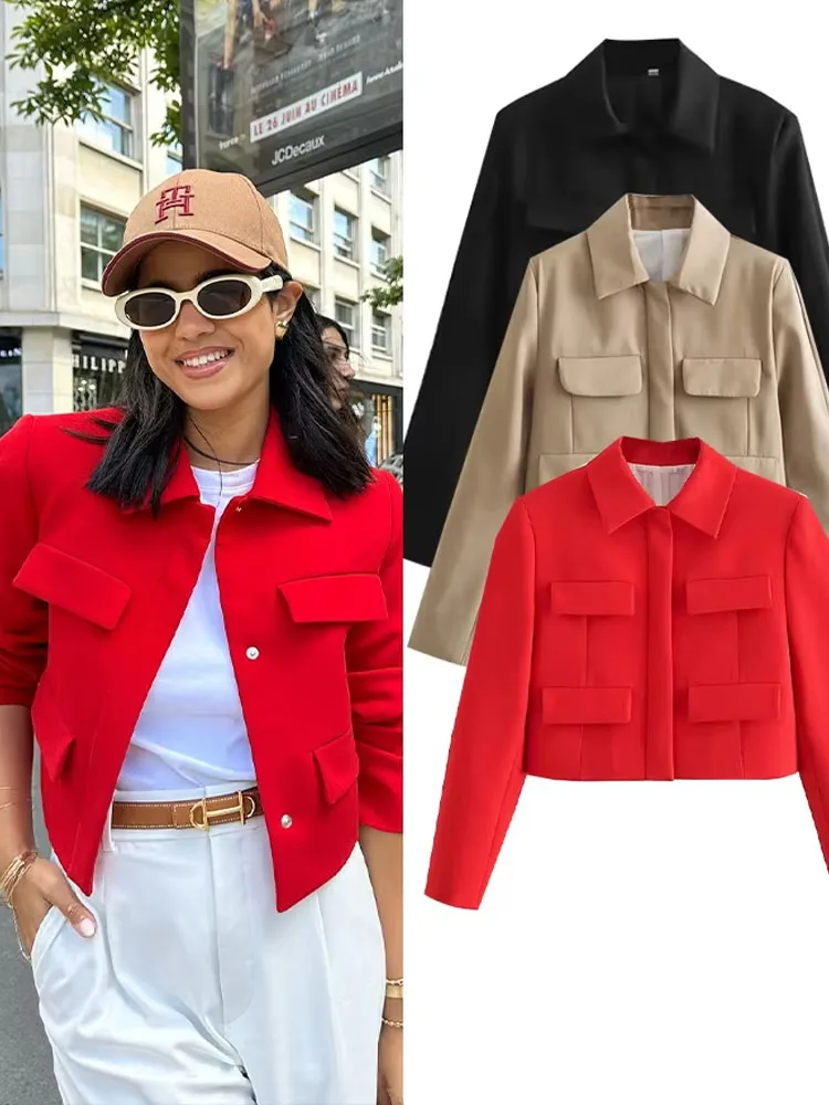 2024 Women\'s Red + Black Jacket Solid Turn Down Collar Long Sleeve Cropped Tops Female Fashion Versatile Chic Coat Trendy