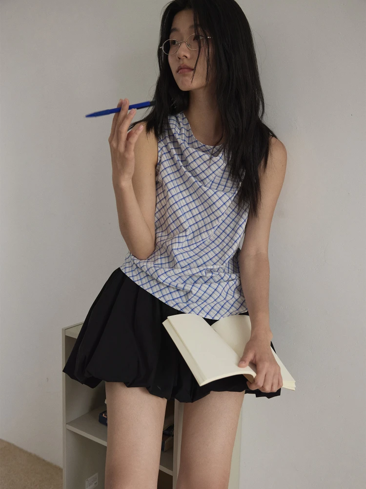 Top de Verano para Mujer Silver Coast HaveRice, Estilo Ceco, Cuello Oscilante Pequeño, Tejido a Cuadros de Colores, Diseño...