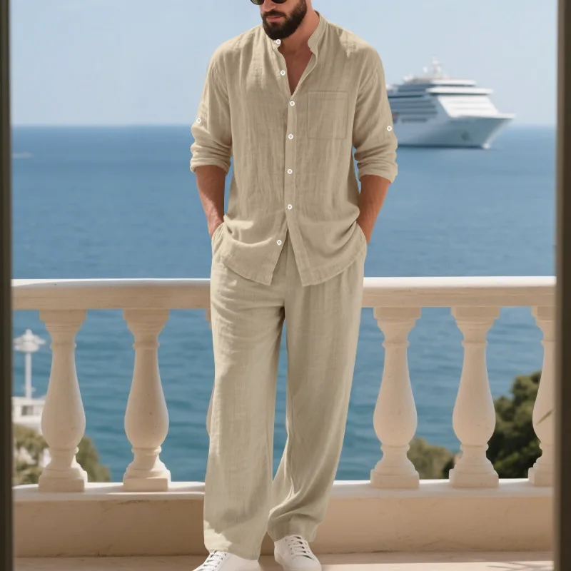 2025 весенне-осенний льняной свободный мужской костюм, дышащая простая рубашка на пуговицах с длинными рукавами, домашний пляжный длинный брючный костюм для мужчин