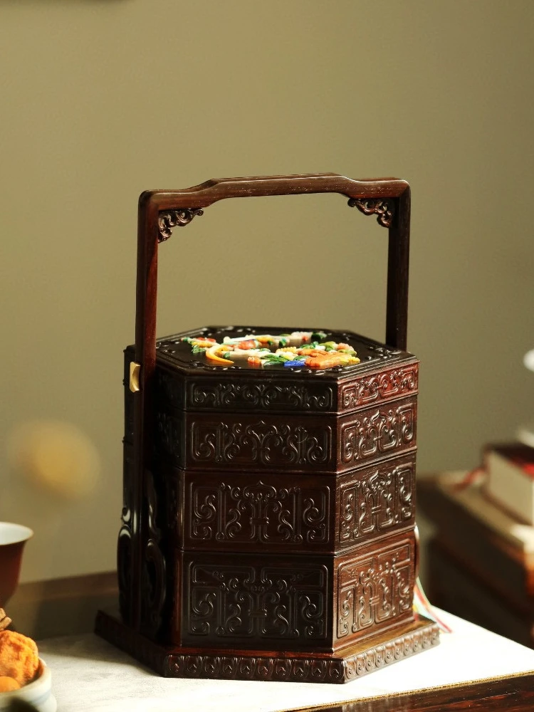 Siam Rosewood Baibao inlaid beam box, mahogany Dim sum storage, Chinese classic food, high-end club gift