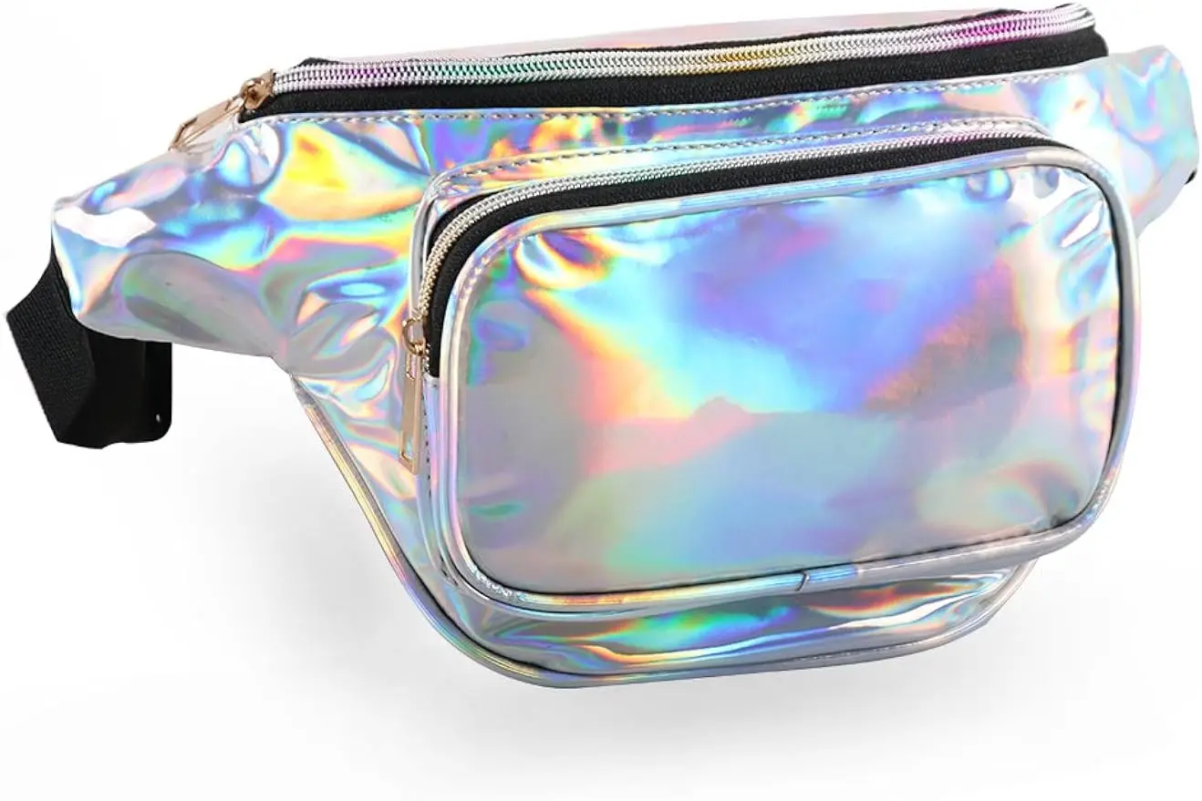 Holographic Fanny Pack for Women Men, Water Resistant Crossbody Waist Bag Pack with Multi-Pockets Adjustable Belts