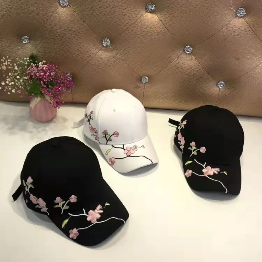 Women Flower Embroidery Baseball Caps Fashion Plum Spring Summer Outdoor Long Brim Sun Hats Cotton Adjustable Sports Female Cap