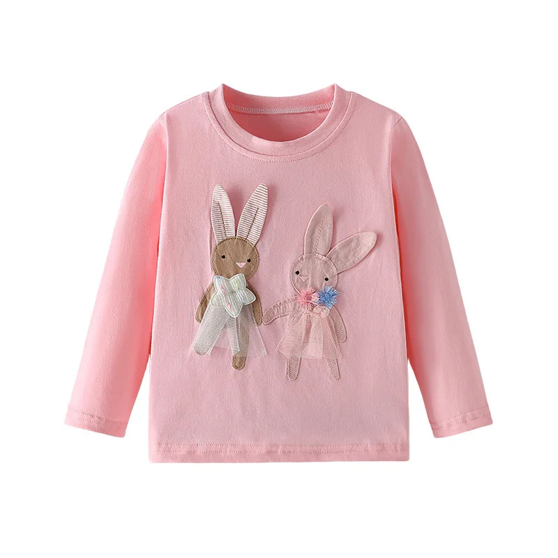 Jumping Meters 2-7T Long Sleeve Girls T Shirts Kids Autumn Spring Pink Bunny Applique Clothes Fashion Toddler Shirts