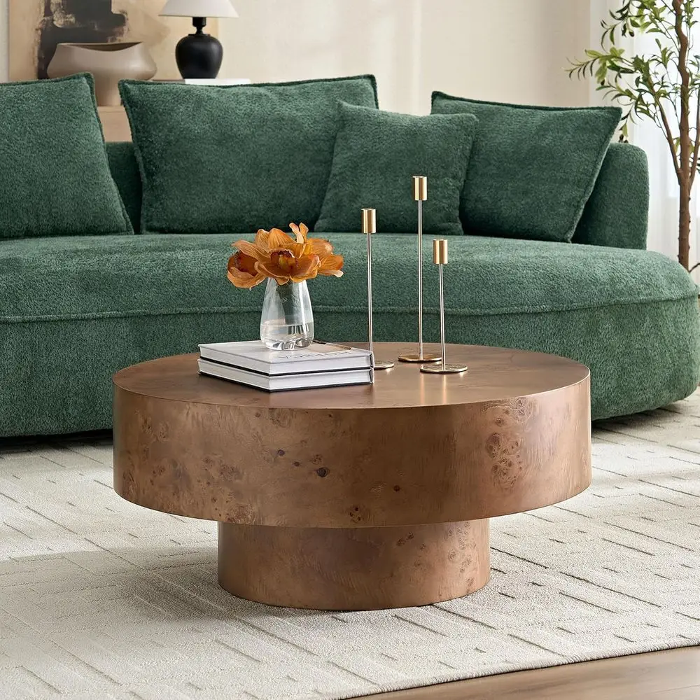 

Mid Century Modern Burl Wood Coffee Table, Walnut, Farmhouse Style, Pedestal Base for Living Room