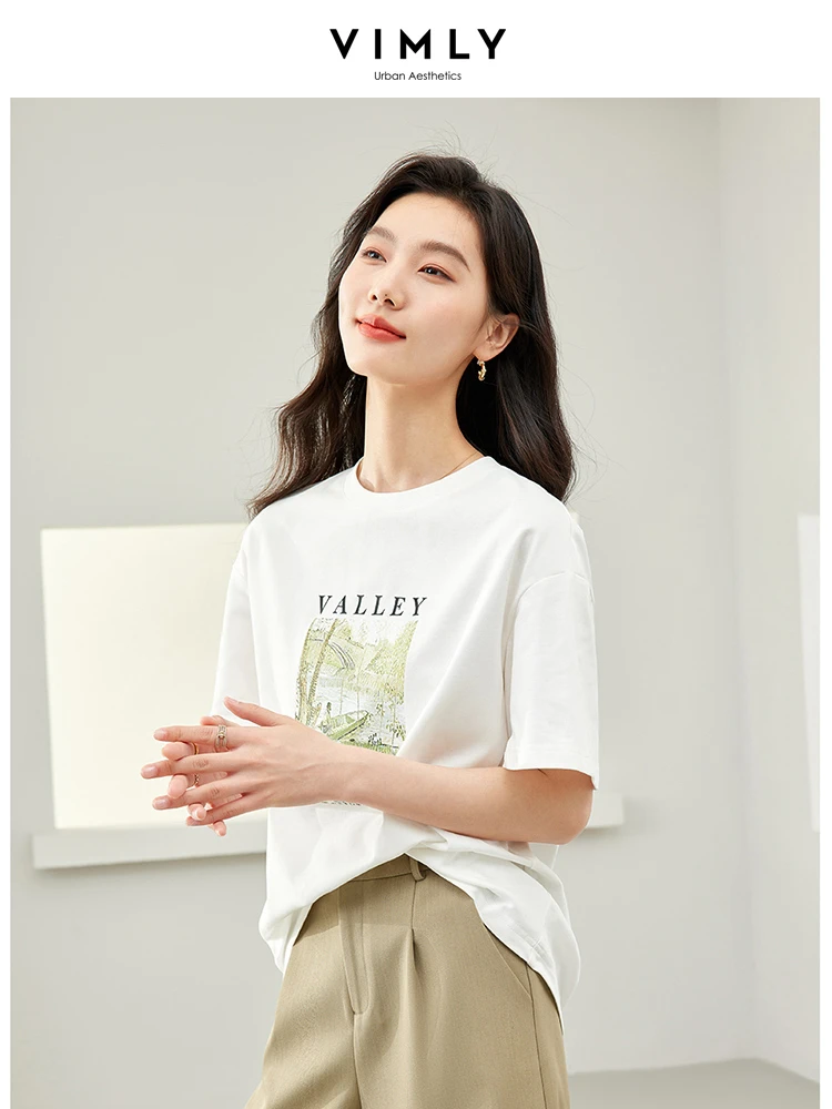 Vimly Cotton 100% White Printed T-shirts for Women 2024 Summer Short Sleeve Pullovers Casual Womens Top Female Clothes M6866