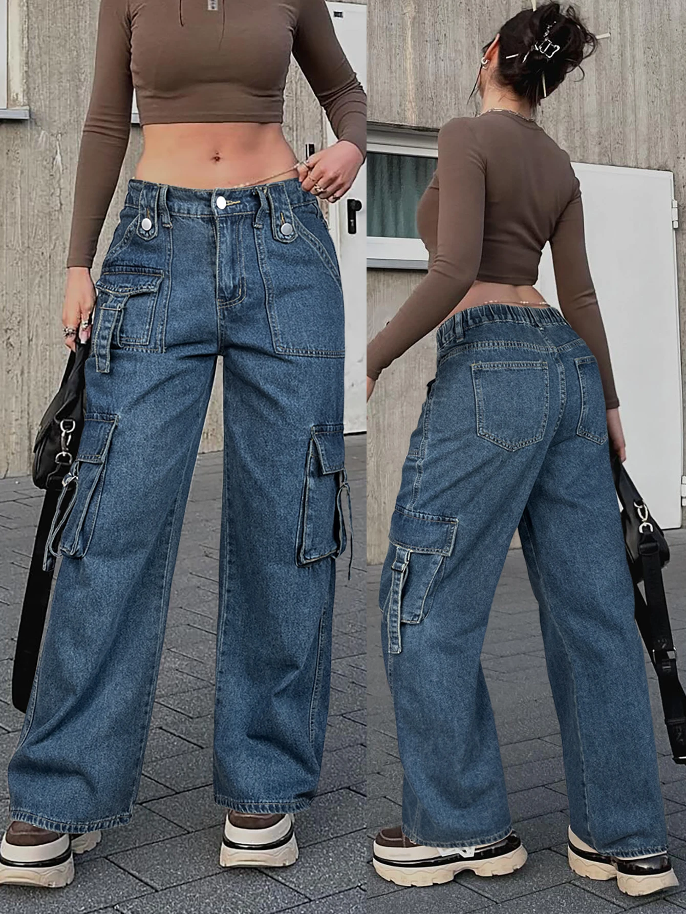 

Модные повседневные уличные джинсы-карго с несколькими карманами и эластичной резинкой на талии, прямые джинсы-карго, джинсовые брюки, всесезонные универсальные джинсовые брюки