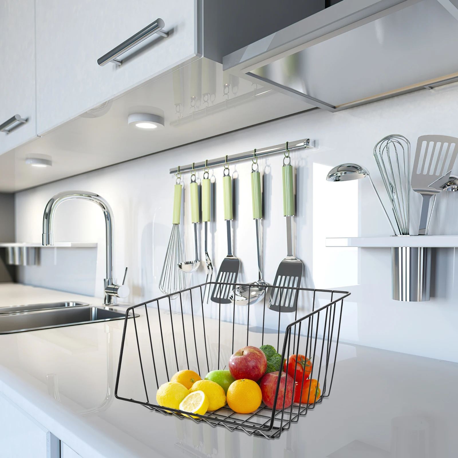 

Iron Storage Rack 28cm Black Kitchen Vegetable Fruit Basket Snack ganizer Counter Top Space Saving Multi functional
