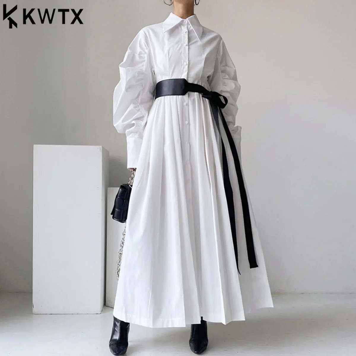 KWTX 2025 여성 빈티지 우아한 셔츠 드레스 긴 퍼프 소매 라펠 벨트 솔리드 컬러 시크 편안한 프리미엄 품질 가을