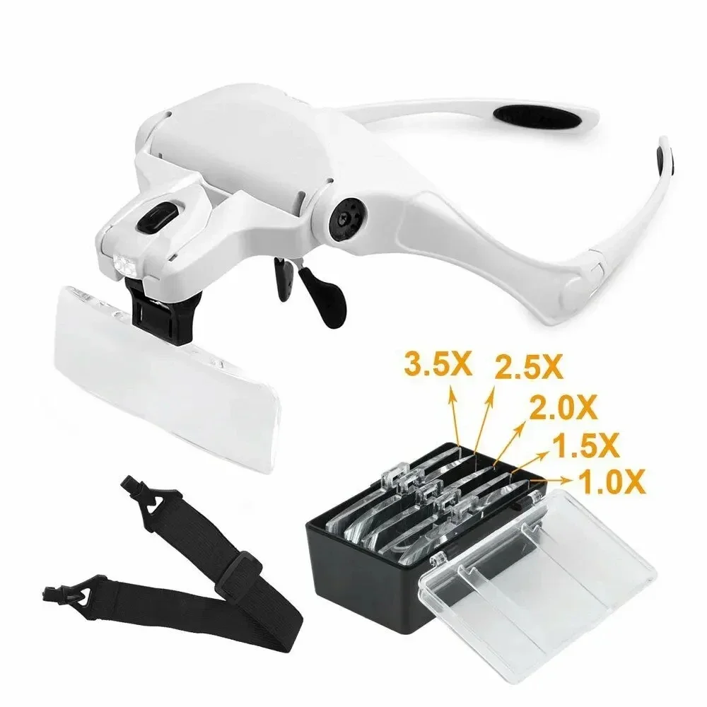 Magnifying Glasses LED Light Head Loupe Jeweler Watch Bright Magnifier 5 Lens 1.0-3.5X Adjustable Headband Illuminated Reading