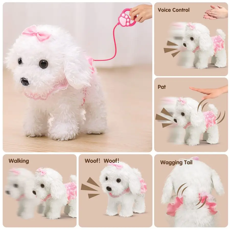 ODER TU Walking Barking Toy Dog mit ferngesteuerter Leine, elektronisches interaktives Plüsch-Welpenspielzeug für Kinder, Shake Tail, Pretend Dr
