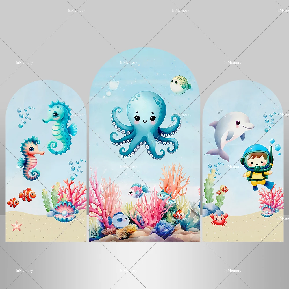 Underwater Sea Arch Cover Backdrop Cute Marine Animal Dolphin Octopus Birthday Party Decor Boy Baby Shower Photo Backgrounds