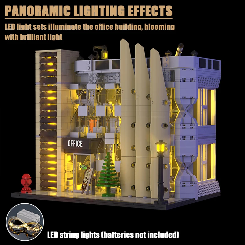 1499Pcs Street View City Office MOC Building Blocks with LED Strip Modern Architecture Modular Bricks Toys for Kids Adults Gifts