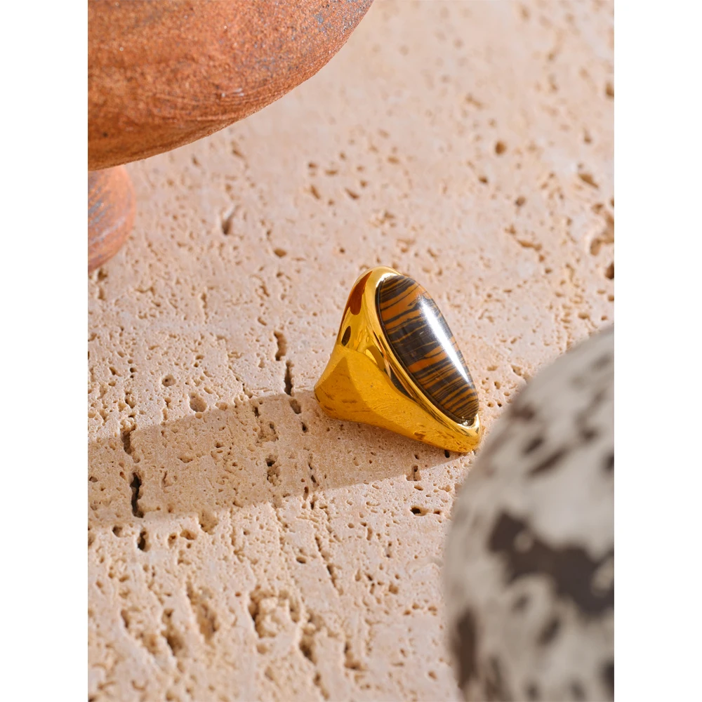 Yhpup Fashion Stainless Steel Natural Tiger Stone Golden Ring 18K Gold PVD Plated Statement Charm Finger Jewelry Accessories