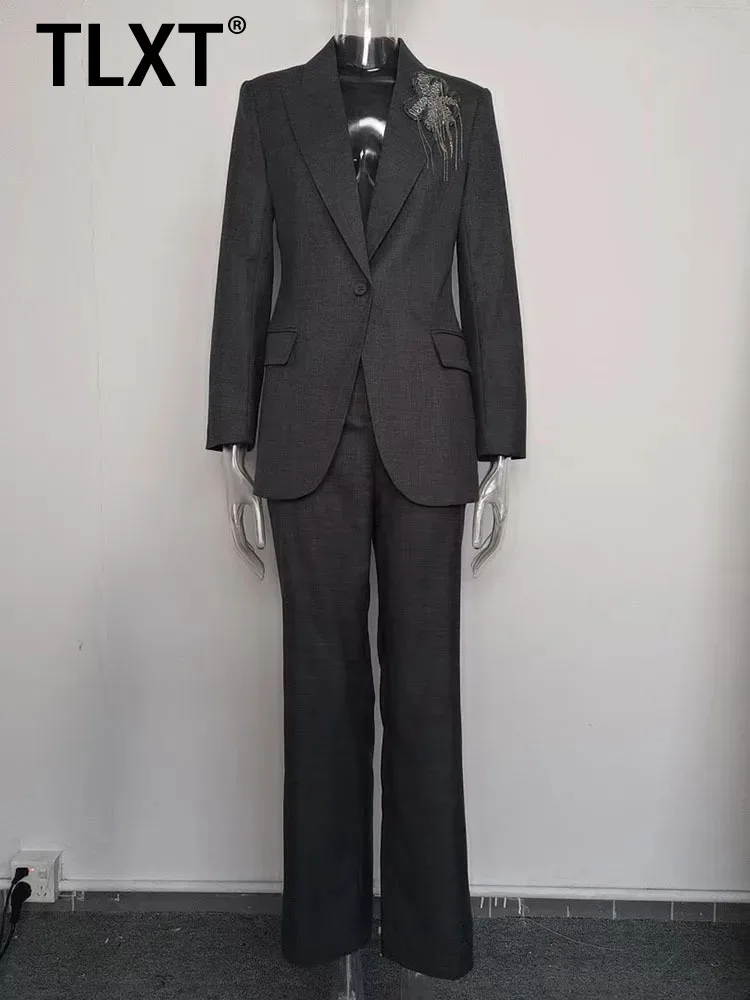 

TLXT Fashion Women's 2 Piece Set Three-dimensional Decoration Blazer High Waist Straight Pants Suit 2025 Autumn New XK1496
