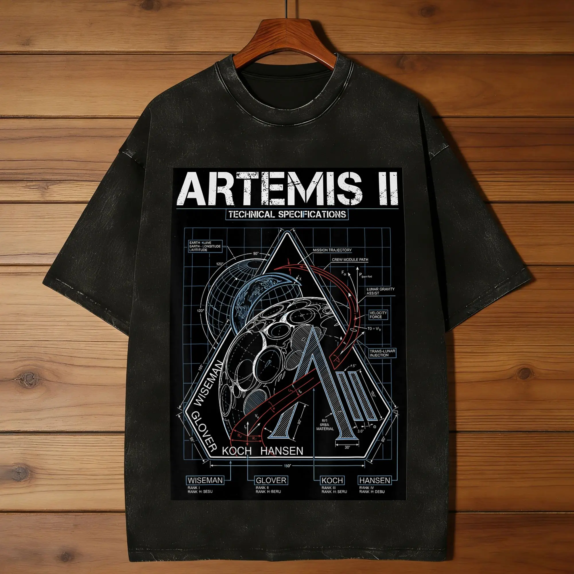 Artemis II Technical Specifications Moon Mission Blueprint Washed T Shirts Novelty  Beach Tees Cotton Clothing Plus Size