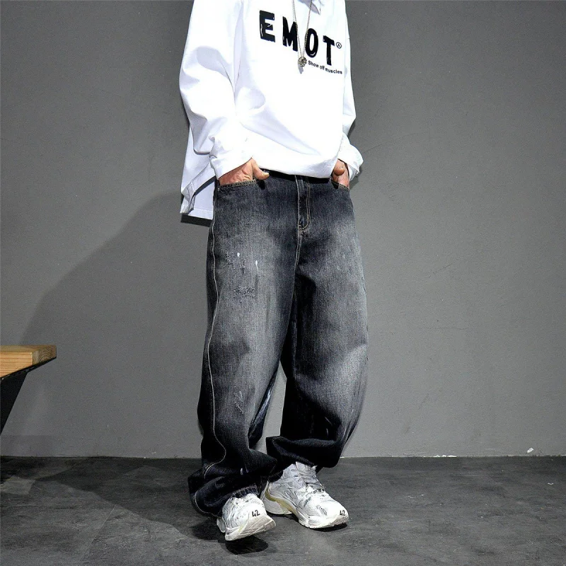 Japanese Style Black Gray Vintage Splash Ink Loose Wide Leg Jeans Men, Trendy Stylish Loose Straight Plus Size Trousers