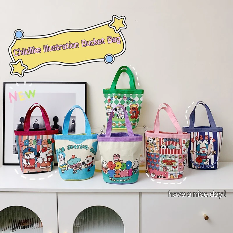 Bolsa de balde de lona casual para mulheres, desenhos animados, lancheira, bolsas escolares