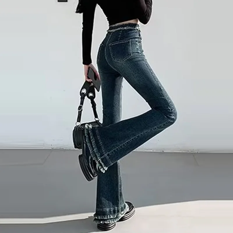 Women's Jeans High Waist Skinny Flared Pants Spring Summer Slim Retro Blue Denim Trousers Fashion Streetwear Y2k Female Clothing