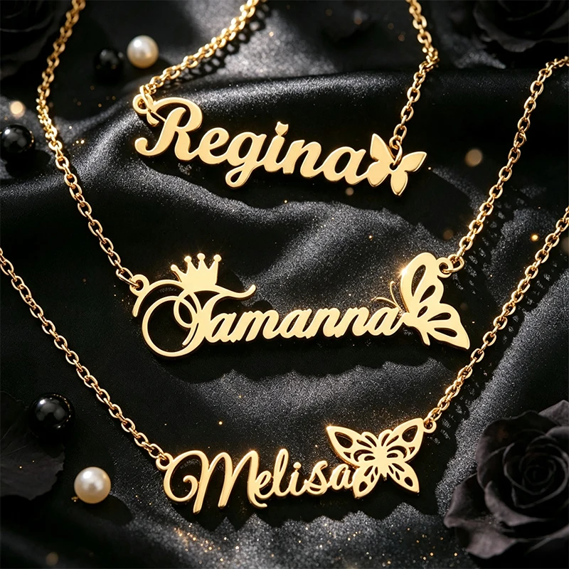 Crown Butterfly Name Personalized Necklace Stainless Steel Jewelry Woman Personalized DIY Text Pendant Necklace Birthday Gift