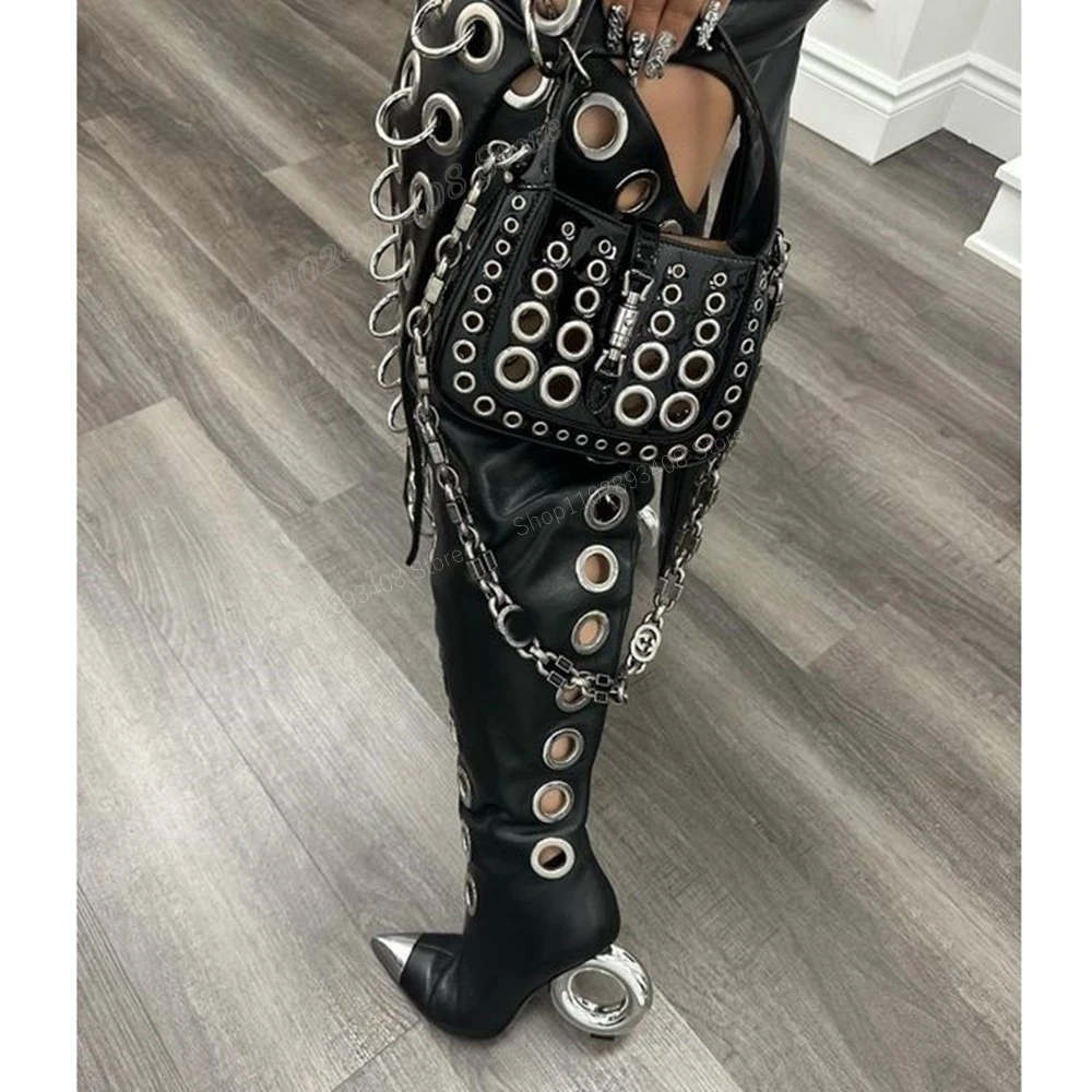 Black Metal Round Rings Design Over the Knee Boots Strange Style Heel Pointed Toe New Women Shoes 2024 Sexy Zapatos Para Mujere