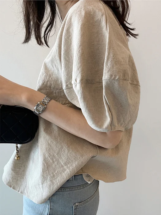 Cseta Fena de Aodão e Linho com Manga Curta Estilo Solto Manga Bufante Gola Redonda Cor Pura Verão Nova Chegada