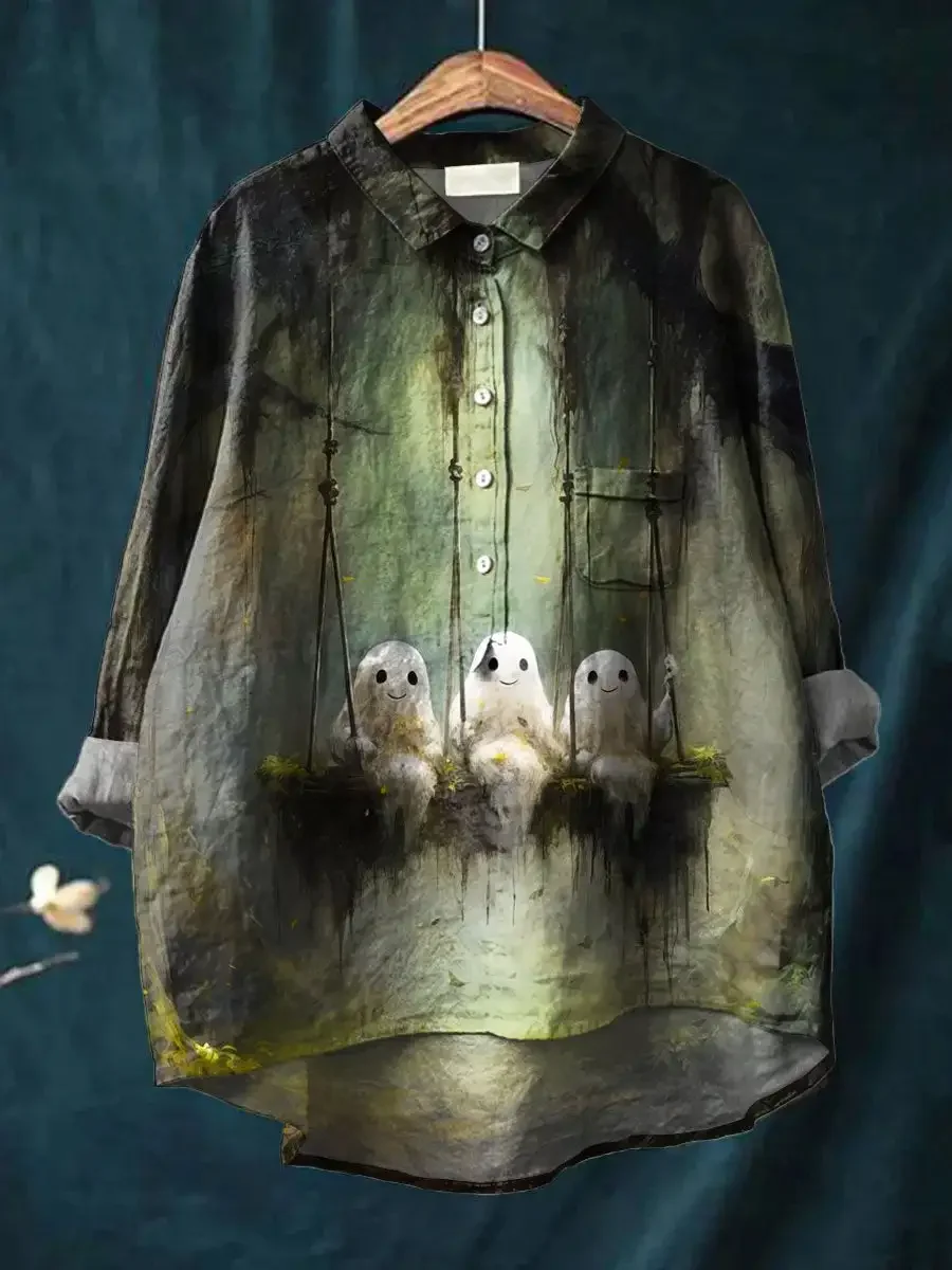 

Vintage Lovely Halloween Ghost Art Print Casual Linen Shirt