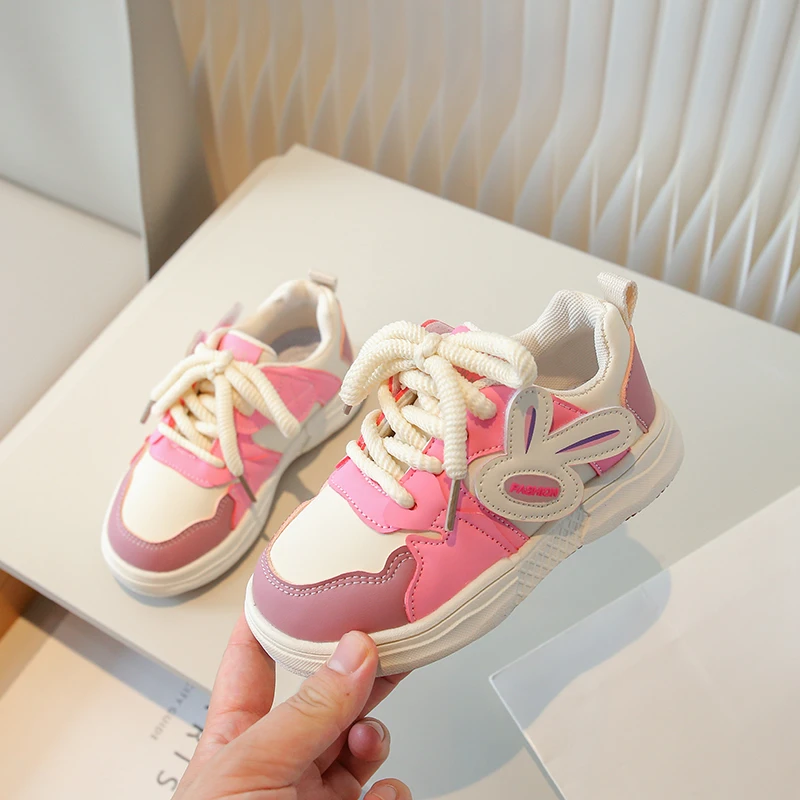 

New Girls Casual Shoes Bunny Lace-up Kids Shoes PU Color Matching 2023 Spring Autumn Non-slip Boys Casual Shoes Drop Shipping