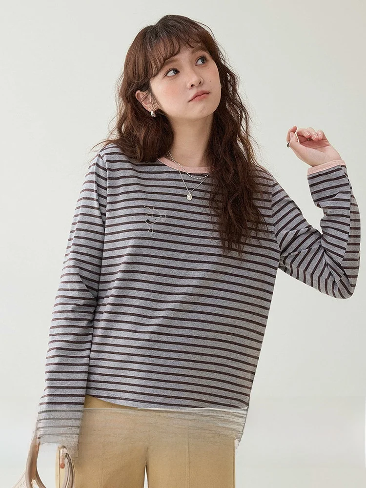 

AMUU Original Color Blo Striped Embroidered Long Sve T-irt Women's Loose round Ne Top Spring New Sle Commute Sle