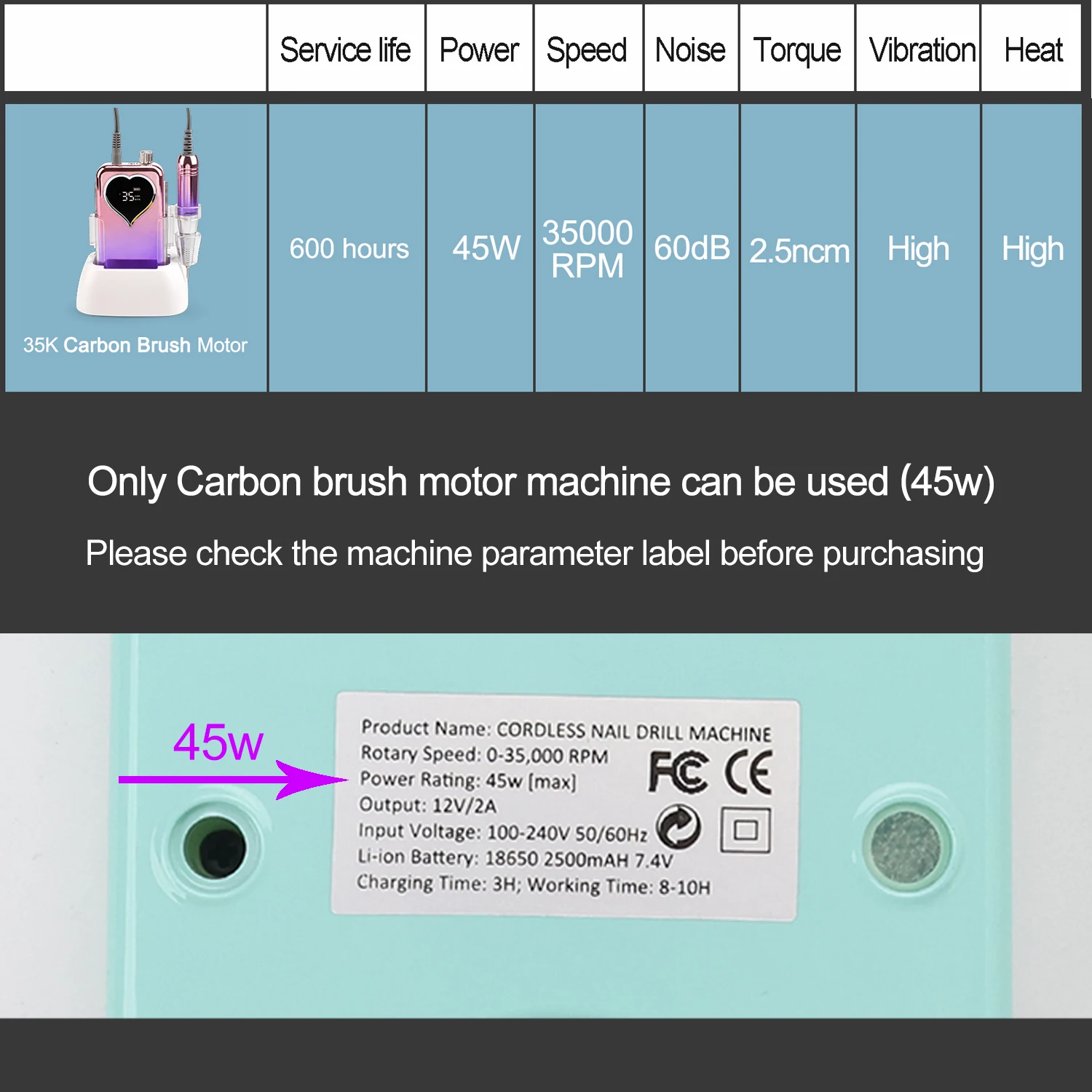 【45W Carbon Brush Handle】 Handpiece Nail Drill Machine Motor Base Transparent Clear Protective Shell Case for SN357 Series