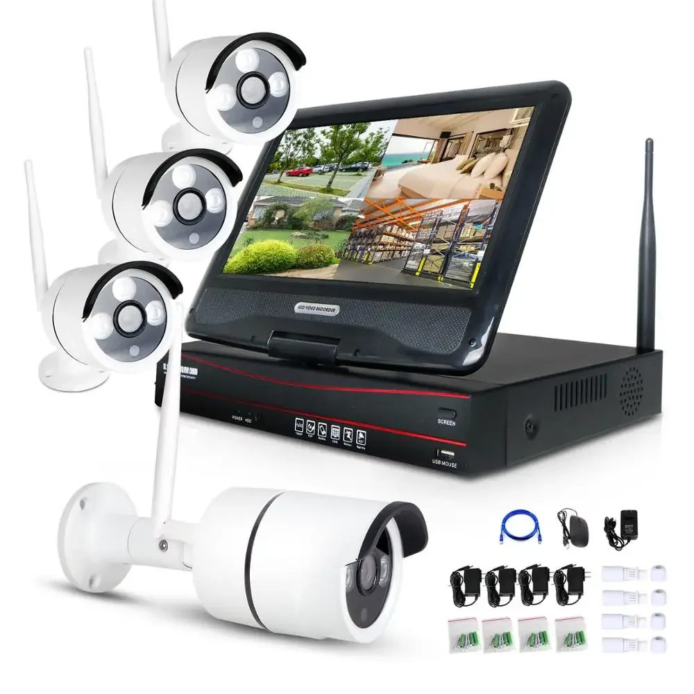 High Quality 3MP 4ch Wifi nvr Kit with 10 inch Monitor + 4 pcs cctv wireless camera + one pcs wireless NVR