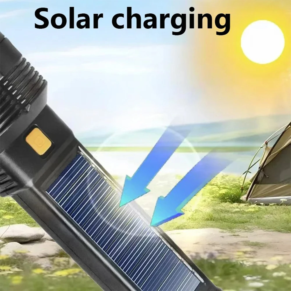 Powerful LED Flashlight With COB Side Light Lantern USB Rechargeable Solar Powered Handheld Torch For Outdoor Camping Fishing