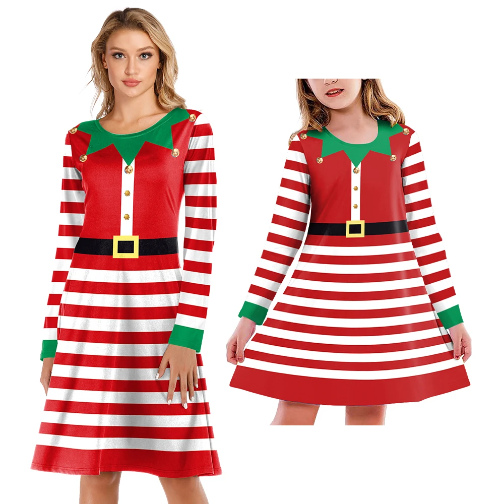 ZAWALAND Mother Daughter Dress Christmas Costume Stripes Printed Cosplay Santa Claus Outfit Xmas Fancy Dress Women Clothing Sets