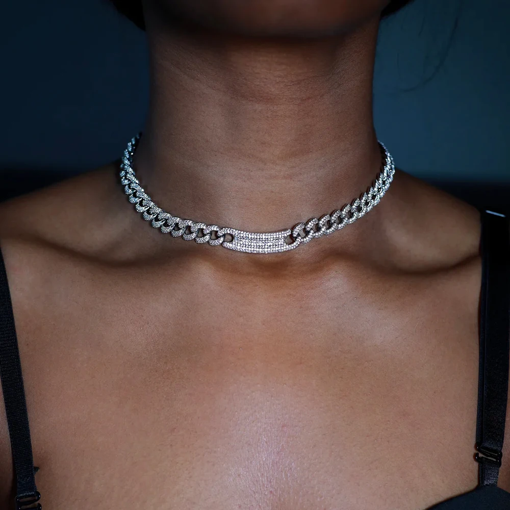 

High Quality Iced Out Bling 5A Cubic Zirconia Cz Miami Cuban Link Chain Hip Hop Women Choker Necklace 15" 16" Jewelry