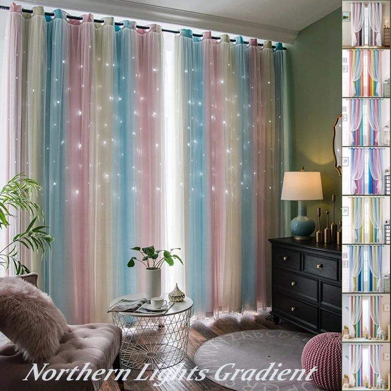Rainbow Gradient Double Layer Curtains Star Cut Out Sheer & Blackout Grommet Window Drapes for Bedroom Living Room Home Decor