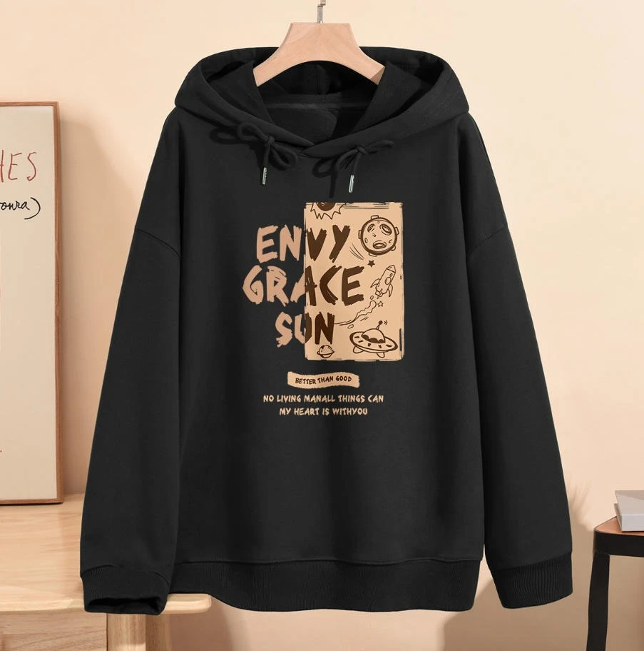 موضة خريف 2025 سترة بقلنسوة ثقيلة الوزن 300 جرام من Envy Grace Sun مع قلنسوة للرجال والنساء ملابس غير رسمية للشارع مطبوعة بغطاء للرأس