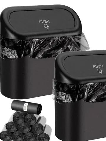 The covered car trash can contains 3 black garbage bags. The small car trash can is leak proof and miniature